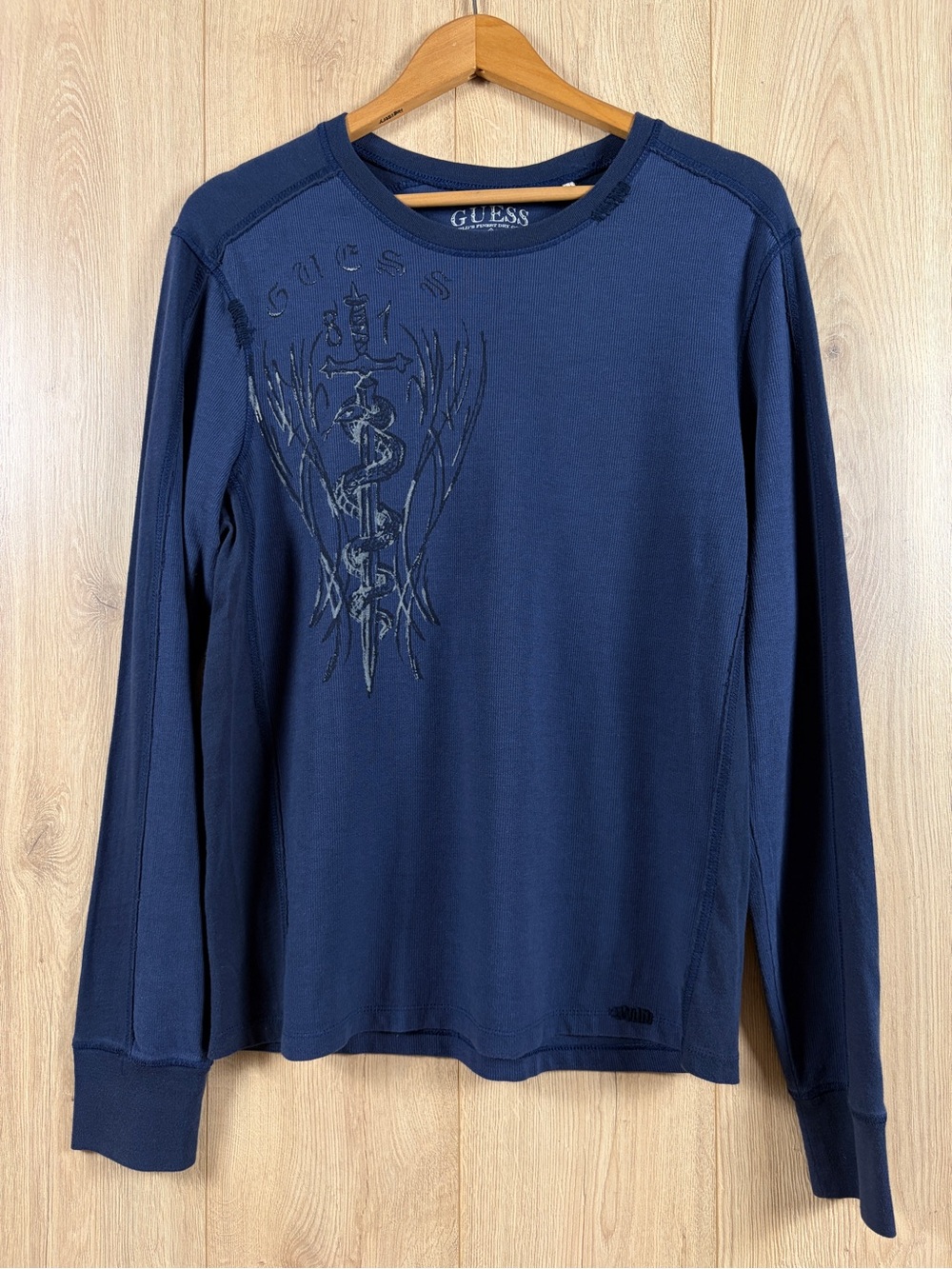 GUESS Men’s Long Sleeve Graphic Crewneck Shirt - Navy Medium